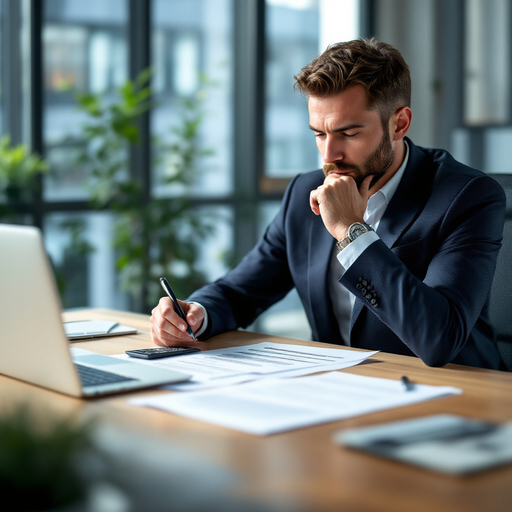 Arbeitnehmer beim Abfindung Höhe berechnen mit Taschenrechner und Vertrag am Schreibtisch