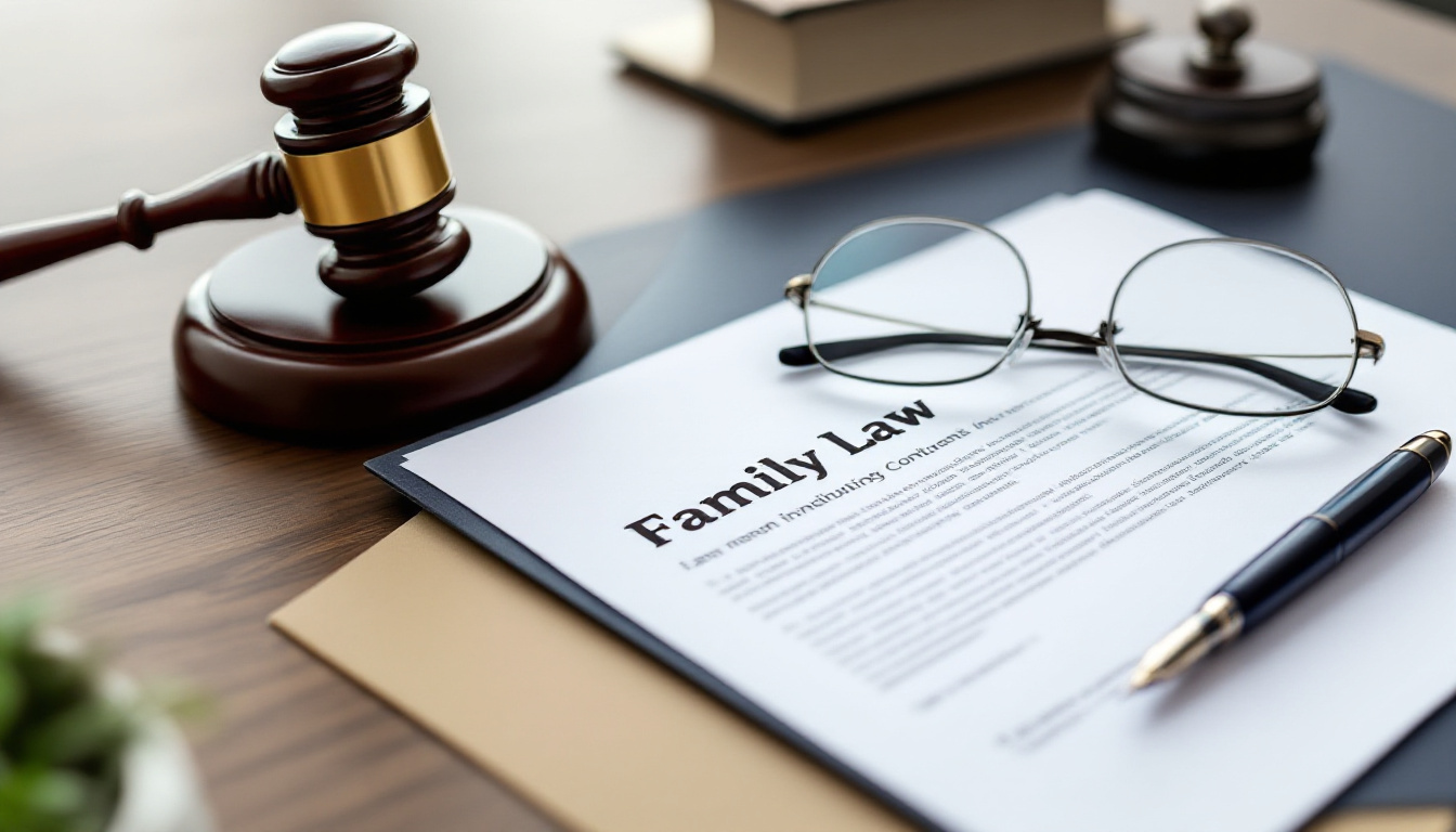 Schreibtisch mit Gesetzbuch und Unterlagen eines Anwalts für Scheidung und Familienrecht